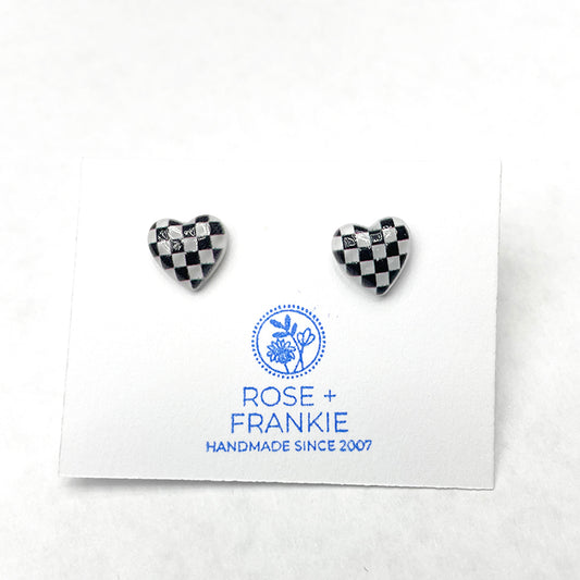 Checkered Heart Stud Earrings